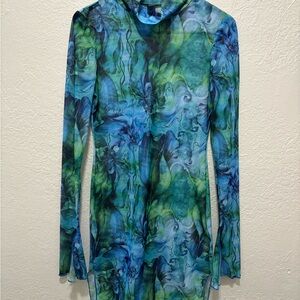 Vibrant Blue and Green Long Sleeve Dress